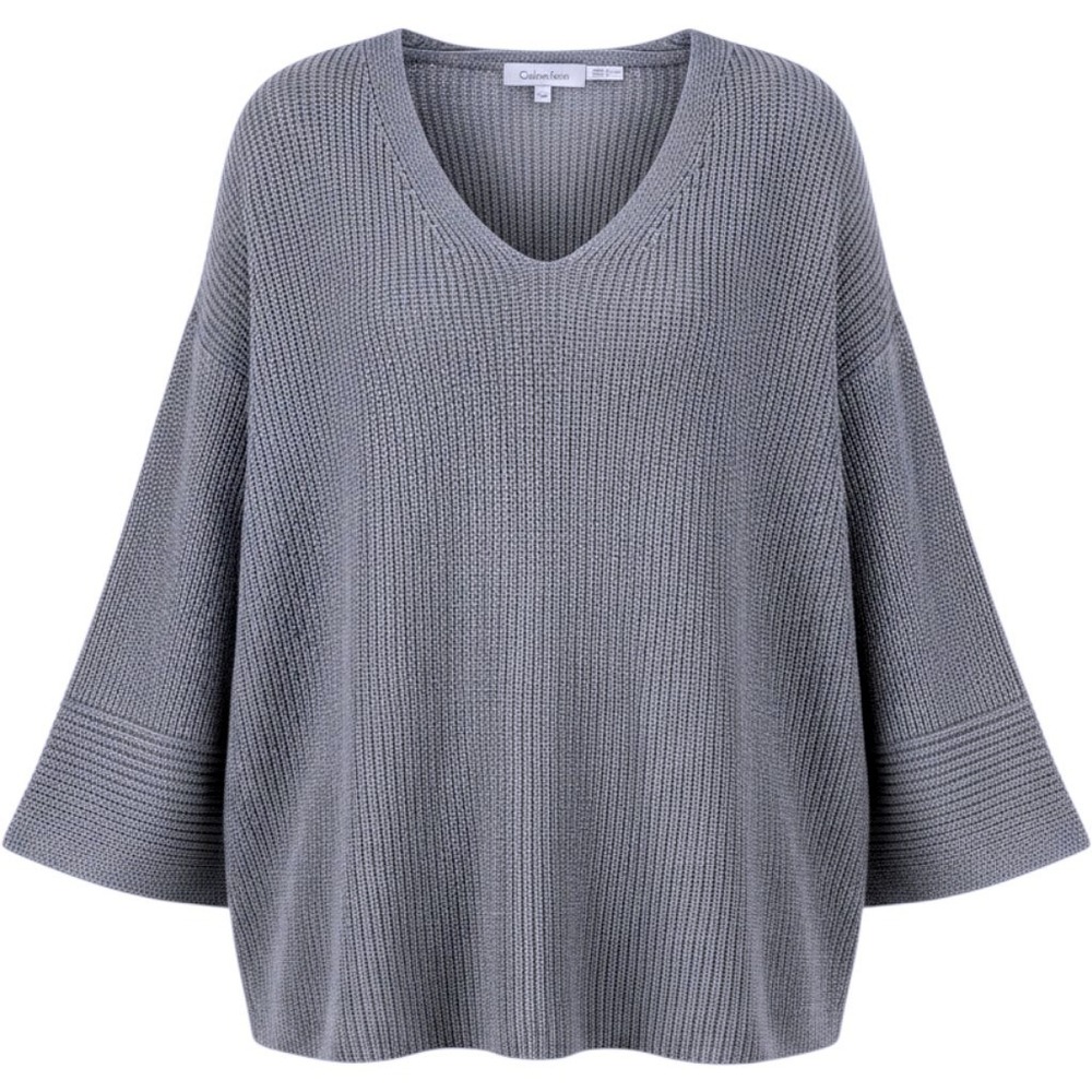 Calvin Klein Womens Sweater XL Gray Metallic Knit V-Neck 3/4 Sleeve Pullover NWT